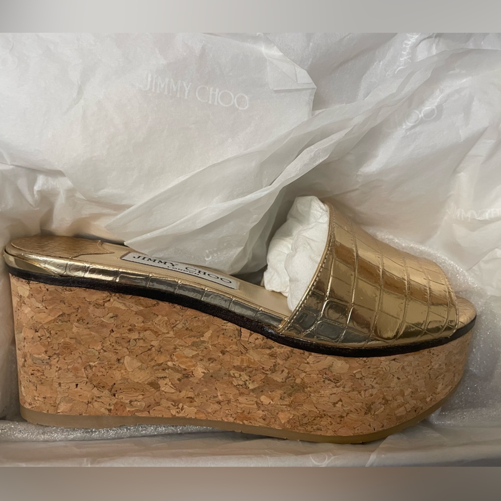 Jimmy Choo croc leather Gold  Metallic Cork Platform wedge Sandals 5.5 beautiful